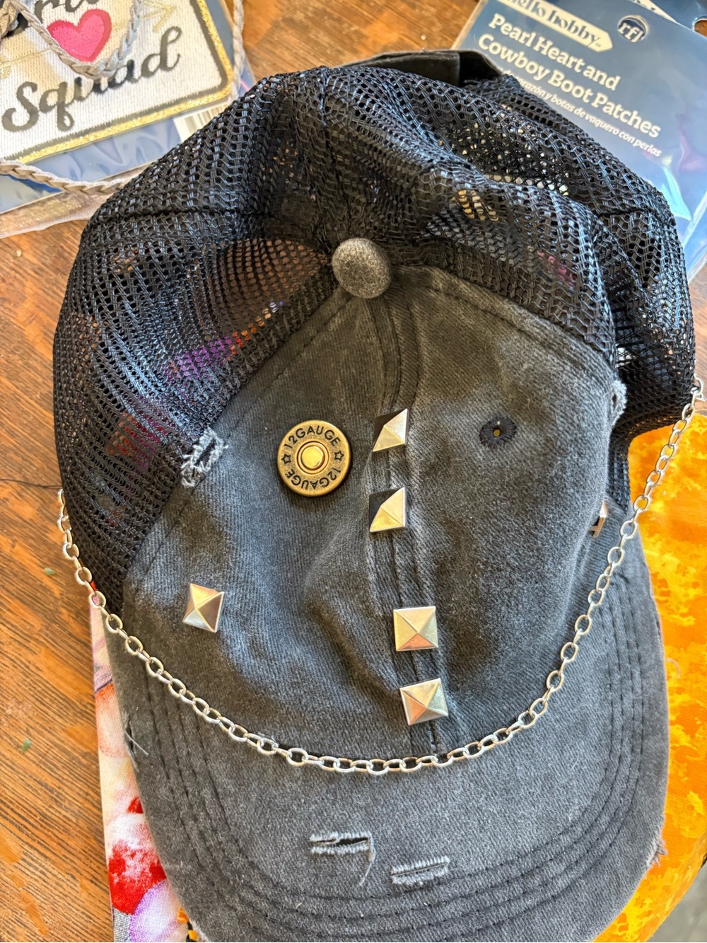 Kids Black Studded Mesh Trucker Hat with Chain Accent